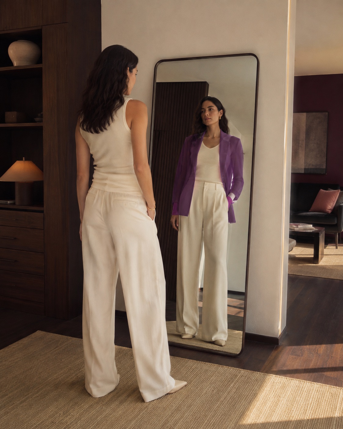 Una mujer explorando un look frente al espejo